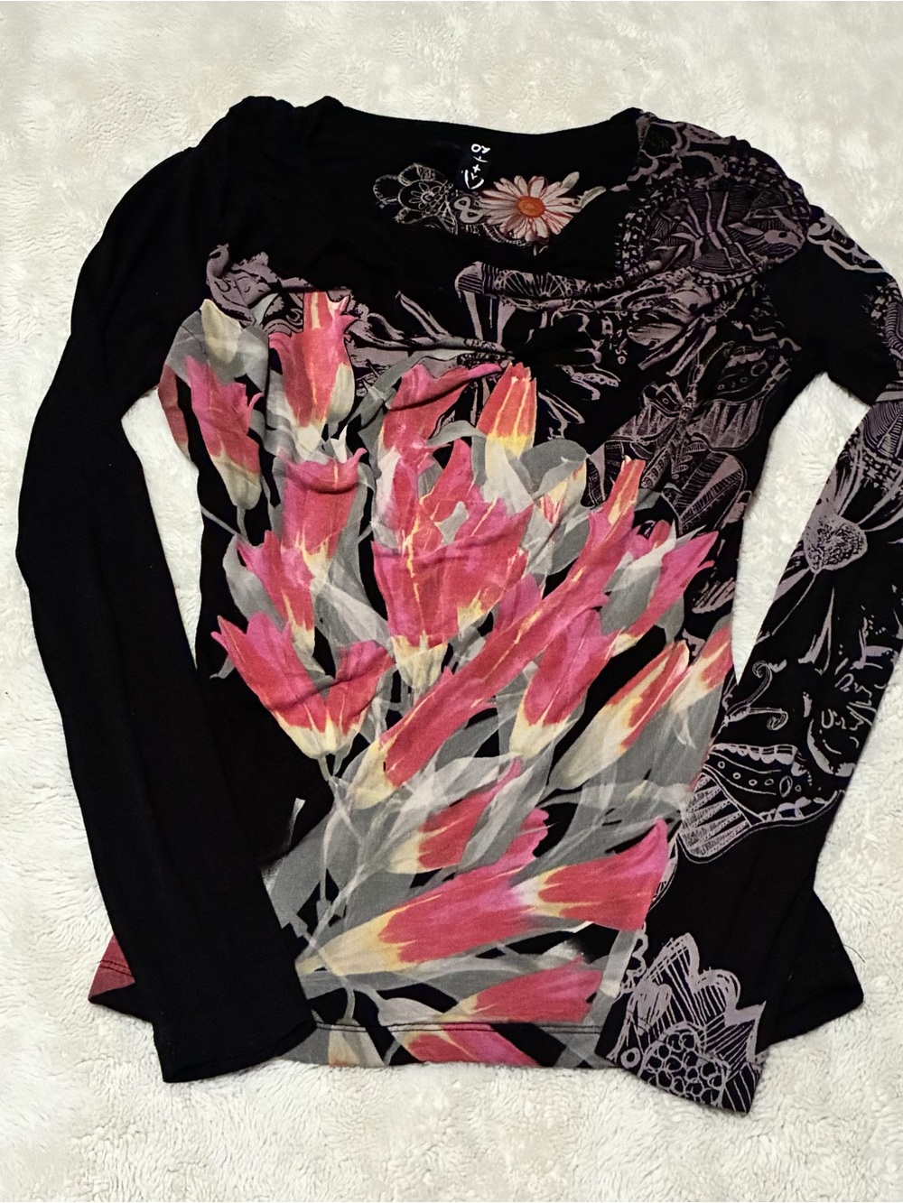 Desigual Black Long-Sleeve Top with Pink Floral Graphic